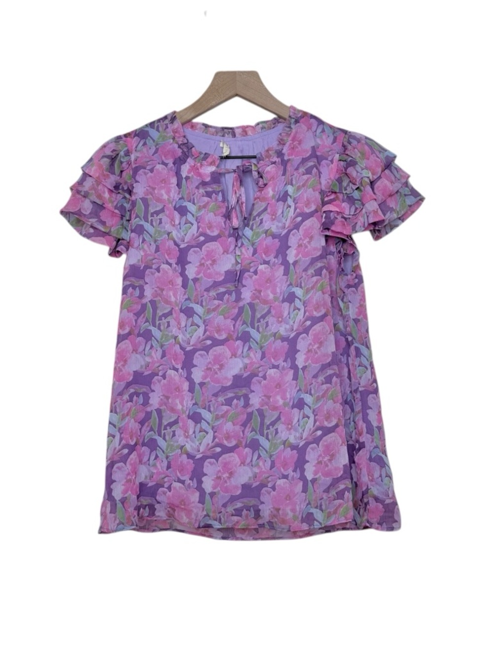 Jodifl Small Romantic Ruffled Flutter Sleeve Flowy Feminine Floral Top